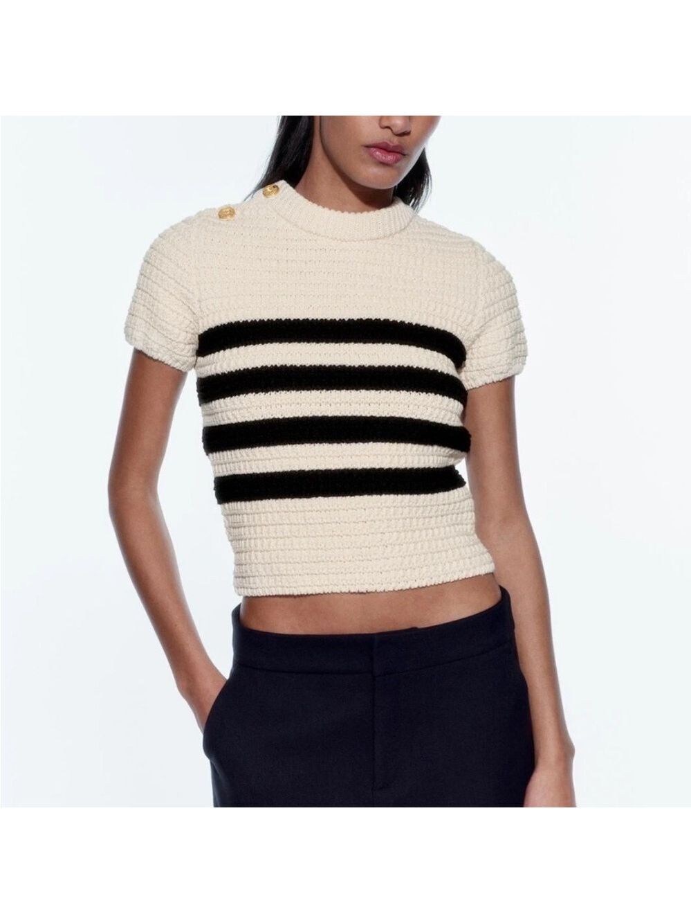 Zara Black and Cream Striped Short Sleeve Top